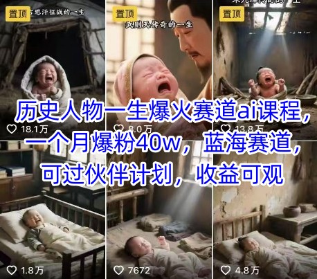 历史人物一生爆火赛道ai课程,一个月爆粉40w,蓝海赛道,可过伙伴计划,收益可观-八瞄副业网