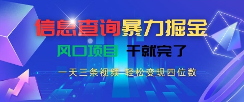 信息查询暴力掘金，一天三条视频，轻松变现四位数，风口项目干就完了【揭秘】-八瞄副业网