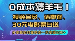 0成本薅羊毛!视频会员、话费卷、30元电影票白送，分享我如何靠转卖一天变现5张+【揭秘】-八瞄副业网