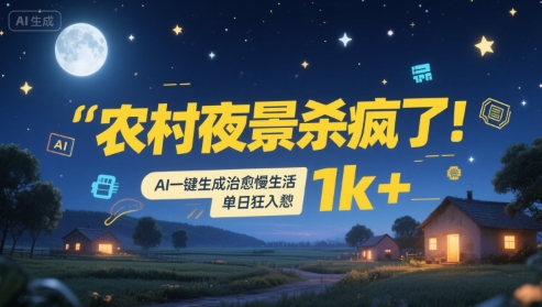 农村夜景杀疯了!AI一键生成治愈系慢生活,单日狂入1k+-八瞄副业网