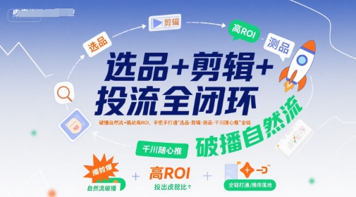 选品+剪辑+投流全闭环，破播自然流+撬动高ROI，手把手打通“选品-剪辑-测品-千川随心推”全链-八瞄副业网