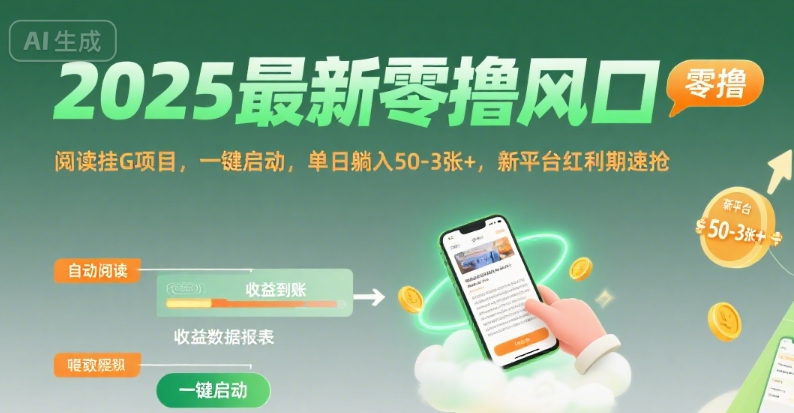 2025最新零撸风口，阅读挂G项目，一键启动，单日躺入 50-3张+，新平台红利期速抢【揭秘】-八瞄副业网