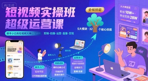 短视频实操班超级运营课，新手小白到短视频大神必修课程，剪辑-拍摄-运营-直播-变现-八瞄副业网