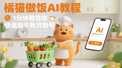 有趣的橘猫买菜做饭视频，用AI一键搞定，1分钟教会你，快速起千粉万粉号-八瞄副业网