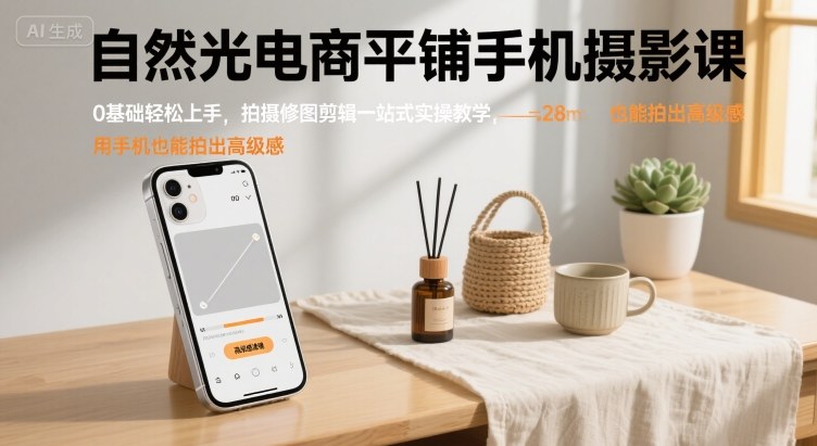 自然光电商平铺手机摄影课,0基础轻松上手,拍摄修图剪辑一站式实操教学,用手机也能拍出高级感-八瞄副业网