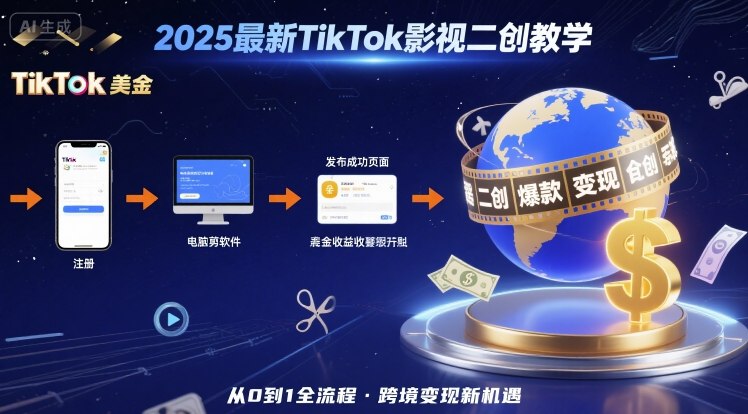 2025年最新TikTok影视二创教学，从注册到发布撸美金全流程，跨境变现新机遇-八瞄副业网