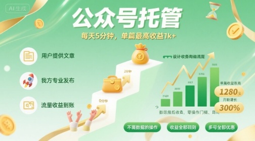 【公众号托管 】我提供文章，你发布，每天5分钟，单篇最高收益1k+【揭秘】-八瞄副业网