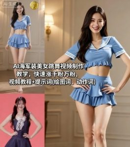 AI海军装美女跳舞视频制作教学，快速涨千粉万粉，视频教程+提示词(绘图词、动作词)-八瞄副业网
