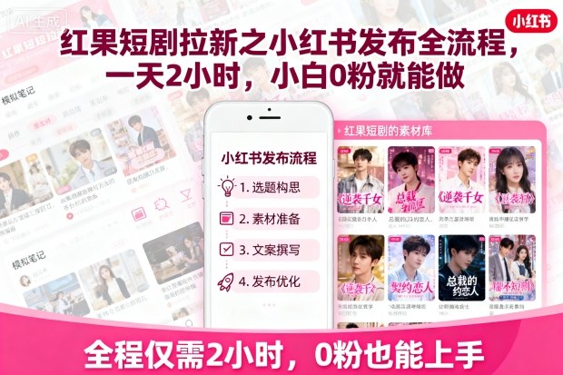红果短剧拉新之小红书发布全流程,一天2小时,小白0粉就能做-八瞄副业网