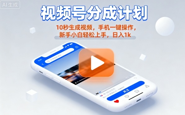 视频号分成计划懒人玩法，10秒生成视频，手机一键操作，新手小白轻松上手，日入1K【揭秘】-八瞄副业网