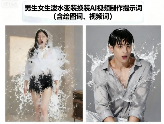 男生女生泼水变装换装AI视频制作提示词(含绘图词、视频词)-八瞄副业网