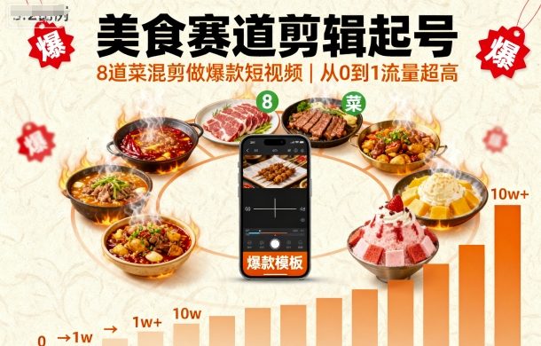 美食赛道剪辑起号，8道菜混剪做爆款短视频，从0到1，流量超高-八瞄副业网