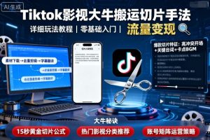 Tiktok影视大牛搬运切片手法，详细玩法教程-八瞄副业网