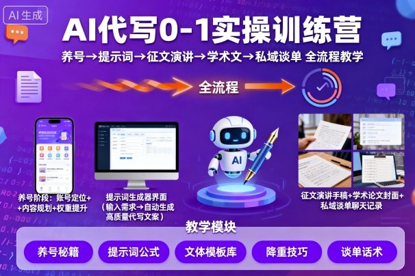 AI代写0-1实操训练营,从养号、提示词、征文演讲、学术文,到私域谈单的全流程教学-八瞄副业网