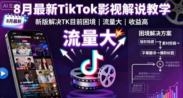 8月最新TikTok影视解说教学，新版解决TK目前困境，流量大，收益高-八瞄副业网
