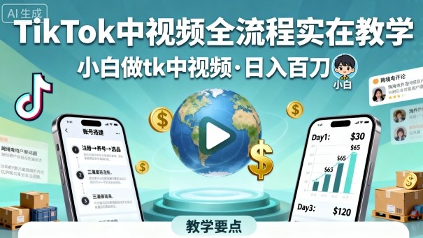 TikTok中视频全流程实操教学，小白做tk中视频，日入百刀-八瞄副业网