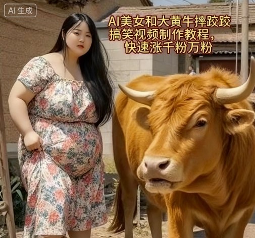 AI美女和大黄牛摔跤搞笑荒诞视频制作教程，快速涨千粉万粉-八瞄副业网