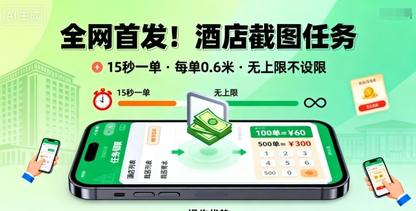 全网首发！酒店截图任务，15秒一单，每单0.6米，任务无上限不设限，矩阵操作单日3张到手【揭秘】-八瞄副业网