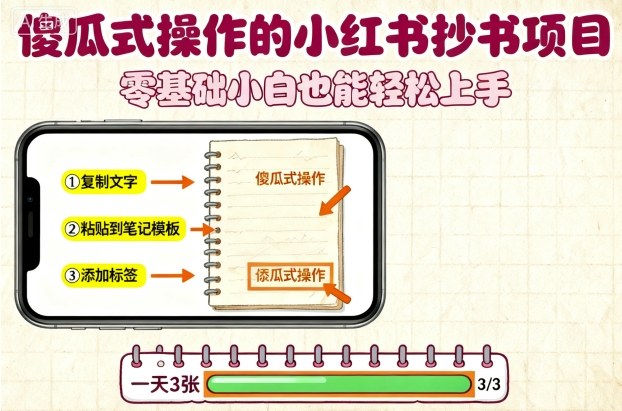 傻瓜式操作的小红书抄书项目，会复制粘贴就行，零基础小白也能一天3张-八瞄副业网