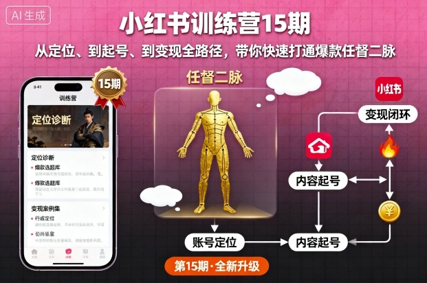小红书训练营15期,从定位、到起号、到变现全路径,带你快速打通爆款任督二脉-八瞄副业网