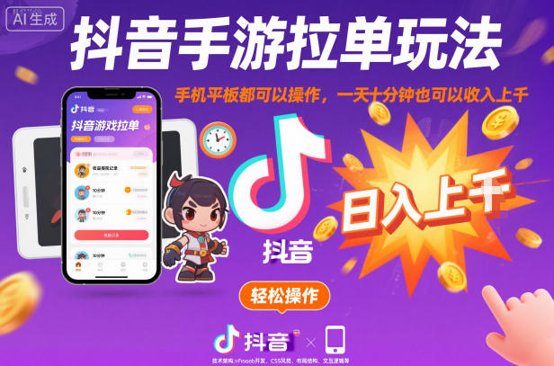 抖音手游拉单玩法，手机平板都可以操作，一天十分钟也可以收入上K【揭秘】-八瞄副业网