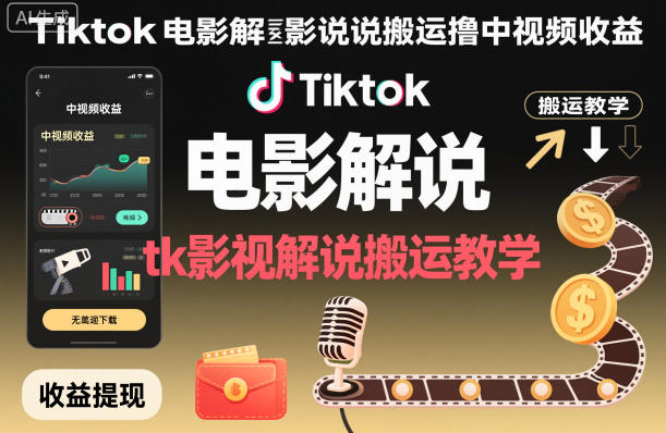 Tiktok电影解说搬运撸中视频收益，tk影视解说搬运教学-八瞄副业网