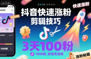 抖音快速涨粉剪辑技巧，3天1000粉，安全无违规-八瞄副业网
