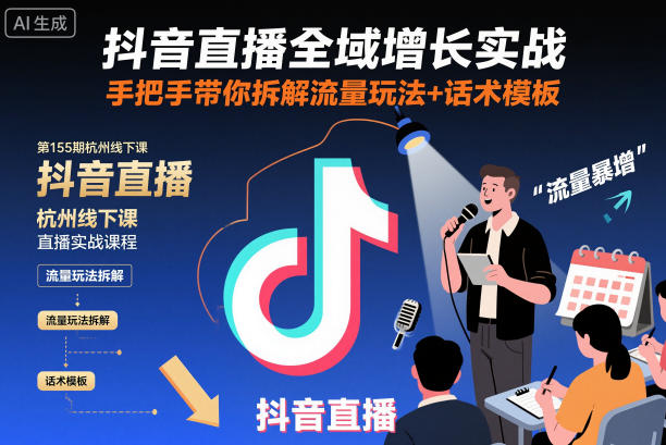 抖音直播全域增长实战第155期杭州线下课,手把手带你拆解流量玩法+话术模板-八瞄副业网