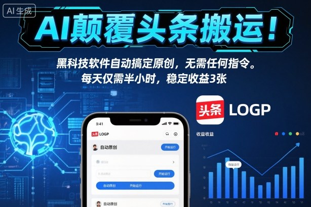 AI颠覆头条搬运！黑科技软件自动搞定原创，无需任何指令。每天仅需半小时，稳定收益3张【揭秘】-八瞄副业网