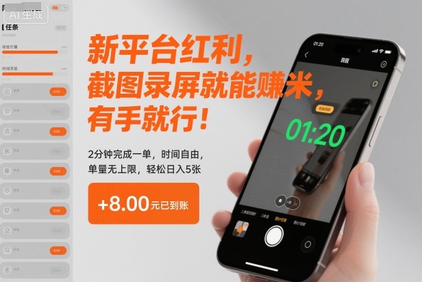新平台红利，截图录屏就能賺米，有手就行！2分钟完成一单，时间自由，单量无上限，轻松日入5张【揭秘】-八瞄副业网