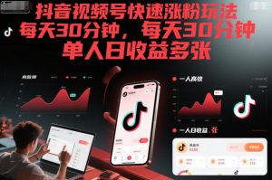 抖音视频号快速涨粉玩法,每天30分钟,单人日收益多张-八瞄副业网