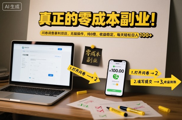 真正的零成本副业！问卷调查暴利项目，无脑操作，纯0撸，收益稳定，每天轻松日入100+【揭秘】-八瞄副业网