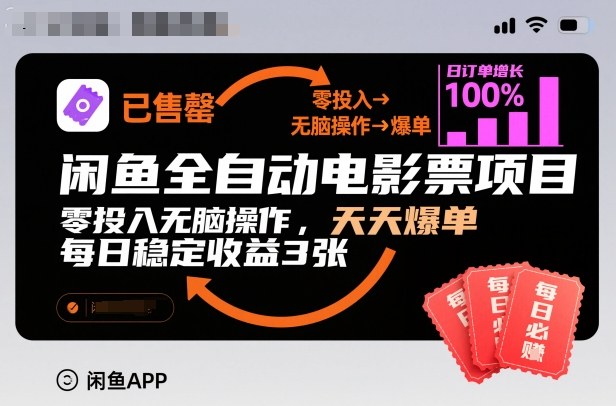 闲鱼全自动电影票项目，零投入无脑操作，天天爆单，每日稳定收益3张【揭秘】-八瞄副业网