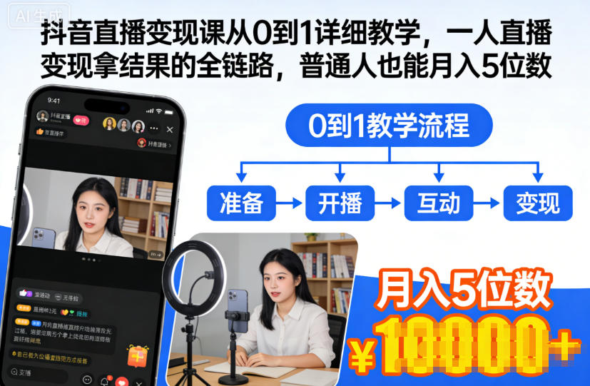 抖音直播变现课从0到1详细教学,一人直播变现拿结果的全链路,普通人也能月入5位数-八瞄副业网