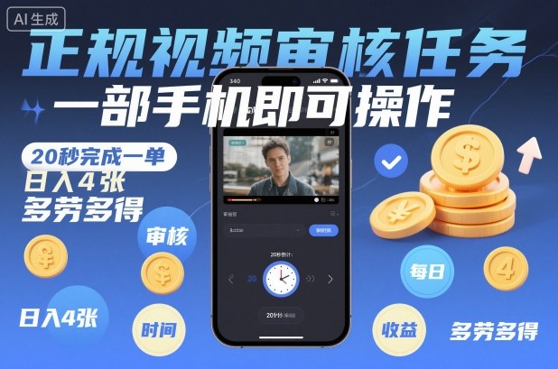 正规视频审核任务，一部手机即可操作，20秒完成一单，日入4张，多劳多得【揭秘】-八瞄副业网