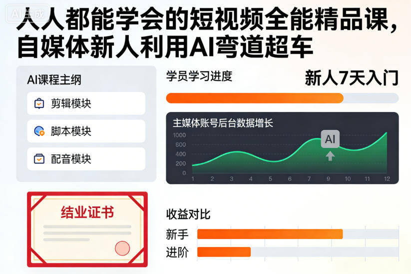 人人都能学会的短视频全能精品课,自媒体新人利用AI弯道超车-八瞄副业网