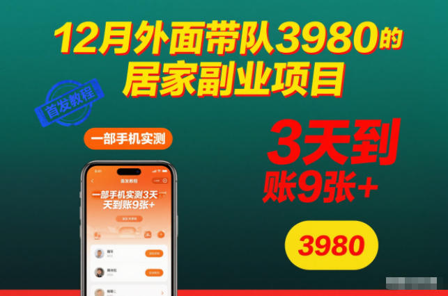 12月外面带队3980的居家副业项目,一部手机实测3天到账9张+,首发教程【揭秘】-八瞄副业网