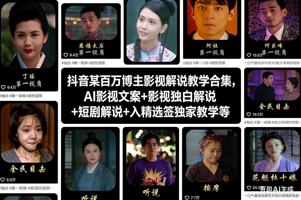抖音某百万博主影视解说教学合集，AI影视文案+影视独白解说+短剧解说+入精选签独家教学等-八瞄副业网