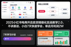 2025小红书电商开店卖货精细化实战教学2.0，不讲废话，小白7天快速学会，单店月利润2W-八瞄副业网