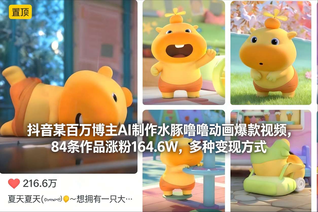 抖音某百万博主AI制作水豚噜噜动画爆款视频,84条作品涨粉164.6W,多种变现方式-八瞄副业网