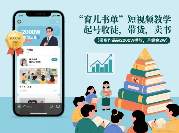 育儿书单短视频教学，起号收徒，带货，卖书（带货作品破2000W播放，月佣金2W）-八瞄副业网