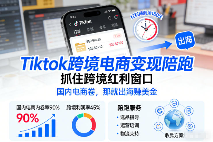 Tiktok跨境电商变现陪跑，抓住跨境红利窗口，国内电商卷，那就出海賺美金-八瞄副业网