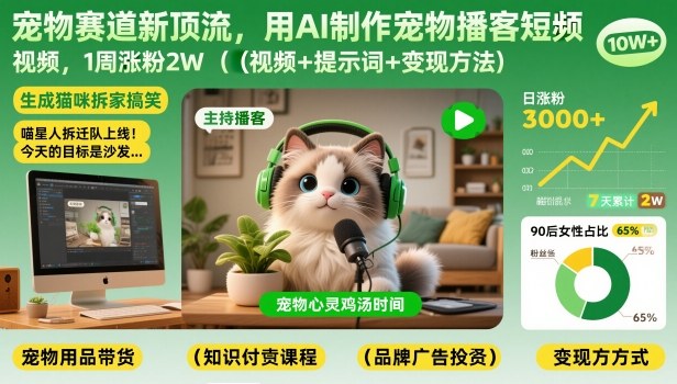 宠物赛道新顶流，用AI制作宠物播客短视频，1周涨粉2W（视频+提示词+变现方法）-八瞄副业网