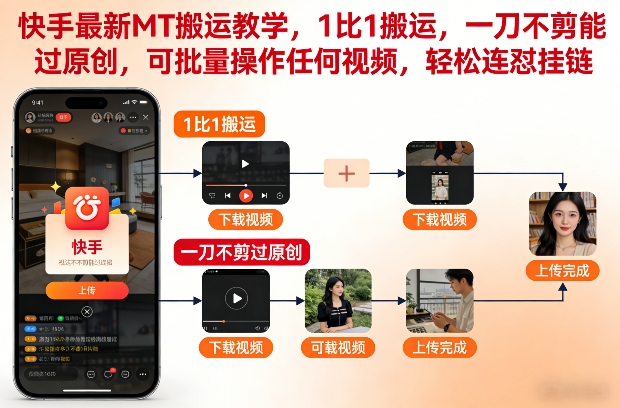 快手最新MT搬运教学，1比1搬运，一刀不剪能过原创，可批量操作任何视频，轻松连怼挂链-八瞄副业网