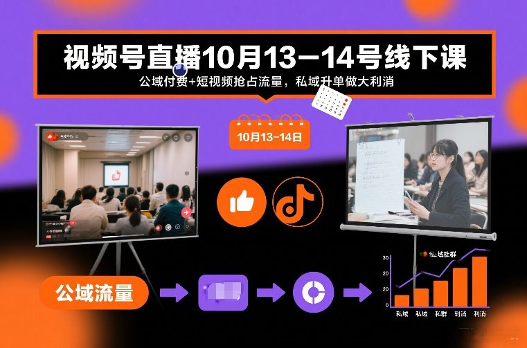 视频号直播10月13-14号线下课,公域付费+短视频抢占流量,私域升单做大利消-八瞄副业网