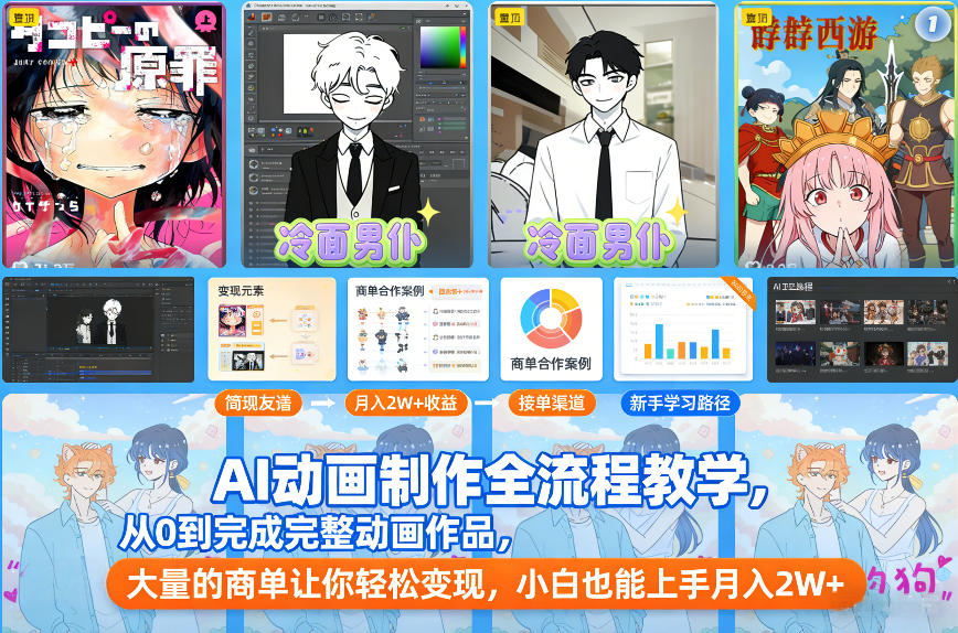 AI动画制作全流程教学，从0到完成完整动画作品，大量的商单让你轻松变现，小白也能上手月入2W+-八瞄副业网