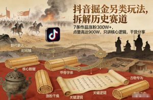 抖音掘金另类玩法，拆解历史赛道，7条作品涨粉300W+，点赞量高达900W，只讲核心逻辑，干货分享-八瞄副业网