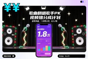 歌曲翻唱歌手PK视频撸分成计划，自带流量，一天两小时，日入2张-八瞄副业网