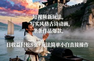 短视频新玩法，写实风格古诗动画，条条作品爆款，日收益轻松8张+玩法简单小白直接操作-八瞄副业网