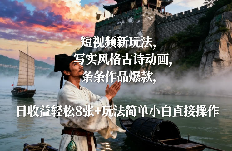短视频新玩法，写实风格古诗动画，条条作品爆款，日收益轻松8张+玩法简单小白直接操作-八瞄副业网